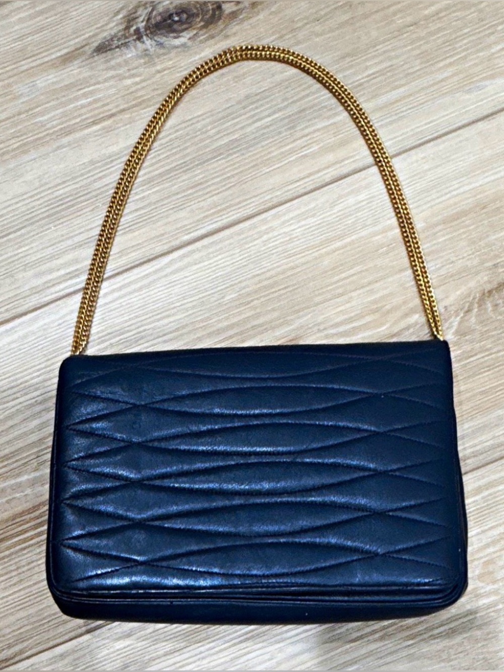 Vintage 1960s Morris Moskowitz quilted navy blue leather shoulder purse clutch